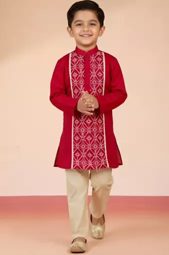 Boys    satin embroidered kurta & pyjama set | red | festive wear