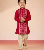 Boys    satin embroidered kurta & pyjama set | red | festive wear