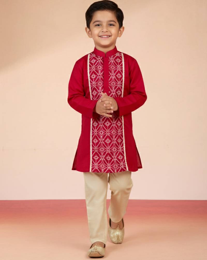 Boys    satin embroidered kurta & pyjama set | red | festive wear