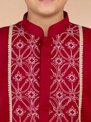 boys red satin kurta pajama with embroidery 2