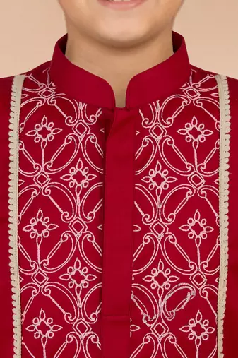 boys red satin kurta pajama with embroidery