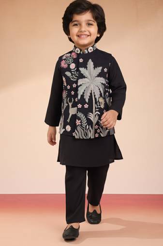 Silk blend embroidered nehru jacket set with pyjamas for boys| black | diwali