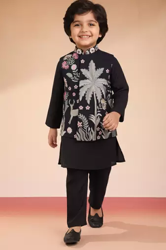 Silk blend embroidered nehru jacket set with pyjamas for boys| black | diwali