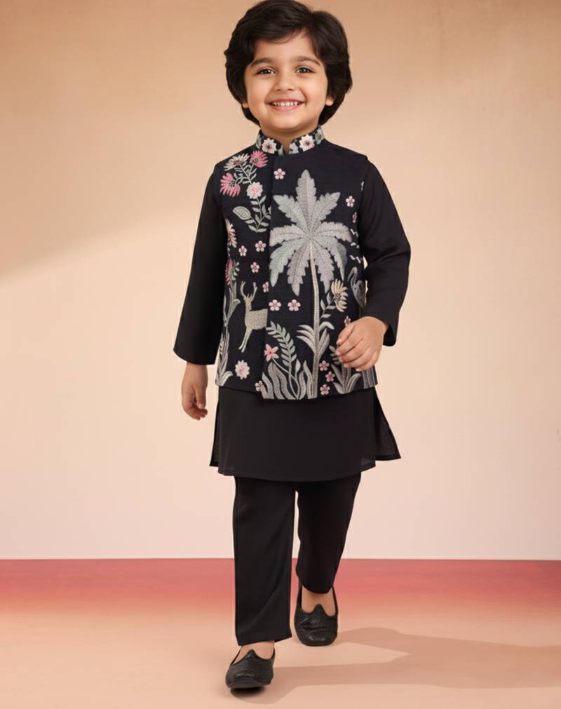 Silk blend embroidered nehru jacket set with pyjamas for boys| black | diwali