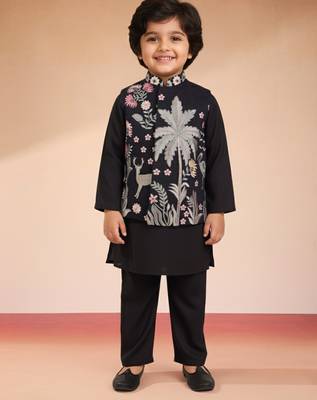 Silk blend embroidered nehru jacket set with pyjamas for boys| black | diwali 3