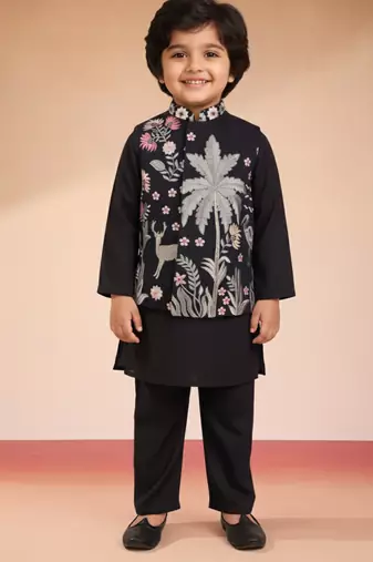 Silk blend embroidered nehru jacket set with pyjamas for boys| black | diwali