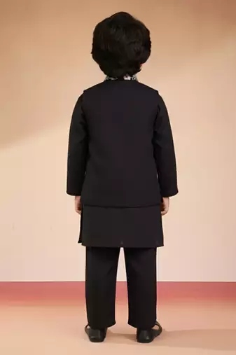 Silk blend embroidered nehru jacket set with pyjamas for boys| black | diwali