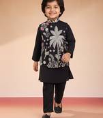 boys black silk blend nehru jacket set with embroidery