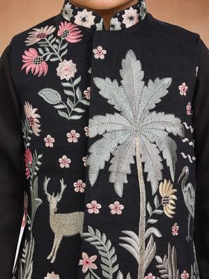 boys black silk blend nehru jacket set with embroidery 2