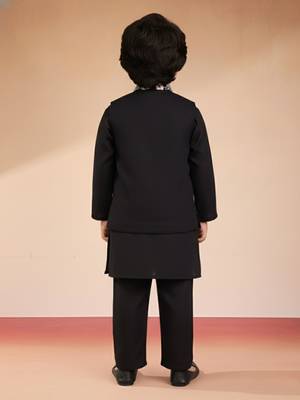 boys black silk blend nehru jacket set with embroidery 4