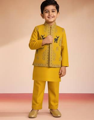 Silk blend embroidered nehru jacket set with pyjamas for boys| mustard | diwali 1