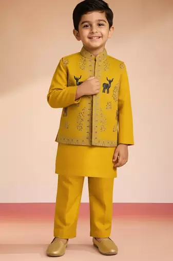 Silk blend embroidered nehru jacket set with pyjamas for boys| mustard | diwali
