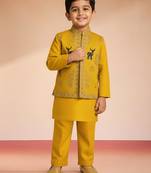 Silk blend embroidered nehru jacket set with pyjamas for boys| mustard | diwali