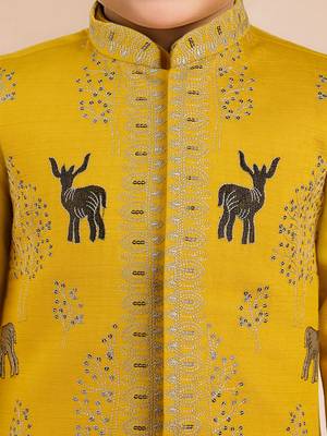 Silk blend embroidered nehru jacket set with pyjamas for boys| mustard | diwali 2