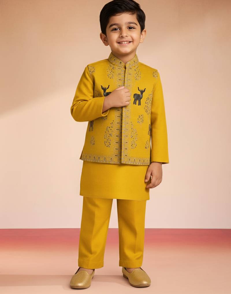 Silk blend embroidered nehru jacket set with pyjamas for boys| mustard | diwali