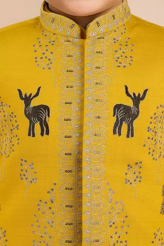 boys mustard silk nehru jacket set with embroidery