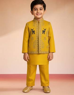 boys mustard silk nehru jacket set with embroidery 3