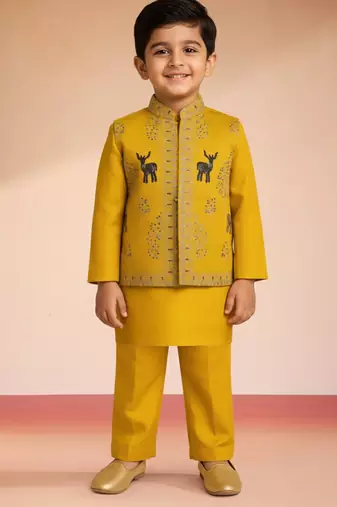 boys mustard silk nehru jacket set with embroidery