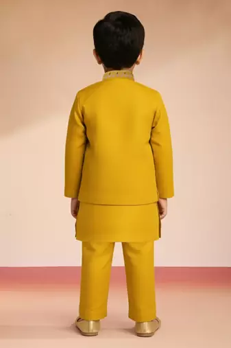 boys mustard silk nehru jacket set with embroidery