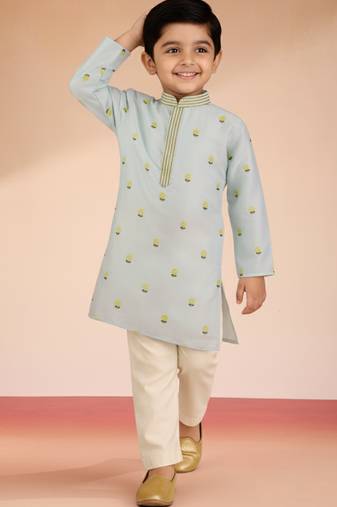 Satin floral kurta set with pyjama for boys | aqua | navratri