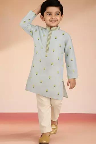 Satin floral kurta set with pyjama for boys | aqua | navratri