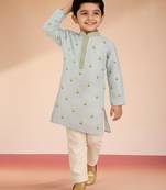 Satin floral kurta set with pyjama for boys | aqua | navratri