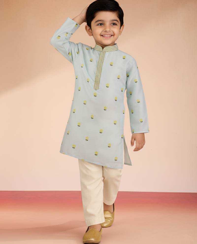 Satin floral kurta set with pyjama for boys | aqua | navratri