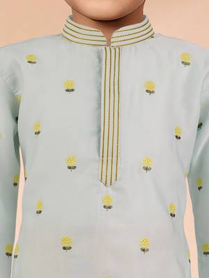 boys aqua blue satin kurta pyjama with floral work 2