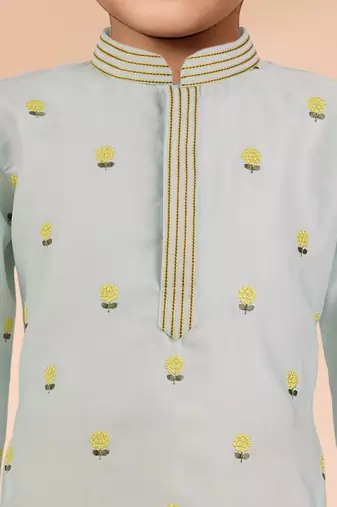 boys aqua blue satin kurta pyjama with floral work