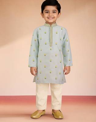 boys aqua blue satin kurta pyjama with floral work 3
