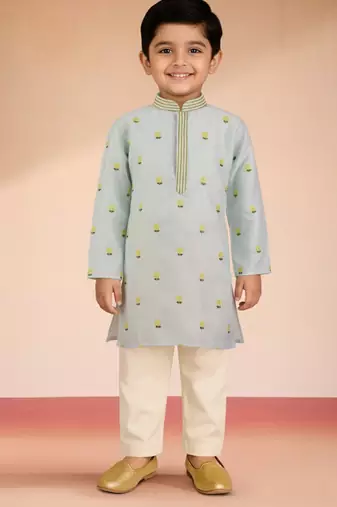 boys aqua blue satin kurta pyjama with floral work