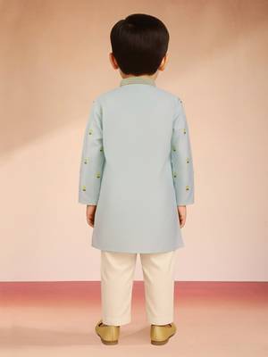 boys aqua blue satin kurta pyjama with floral work 4