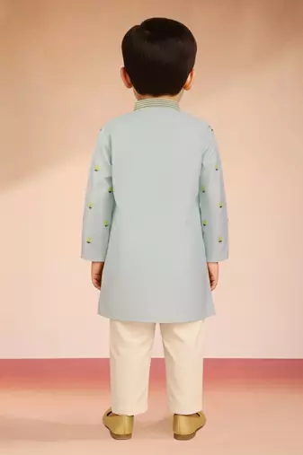 boys aqua blue satin kurta pyjama with floral work