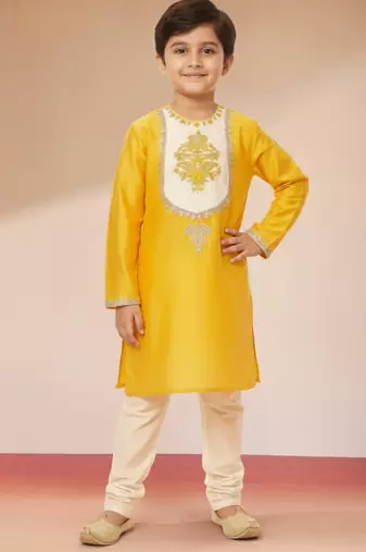 Viscose yellow kurta set with pyjama for boys| navratri | festive