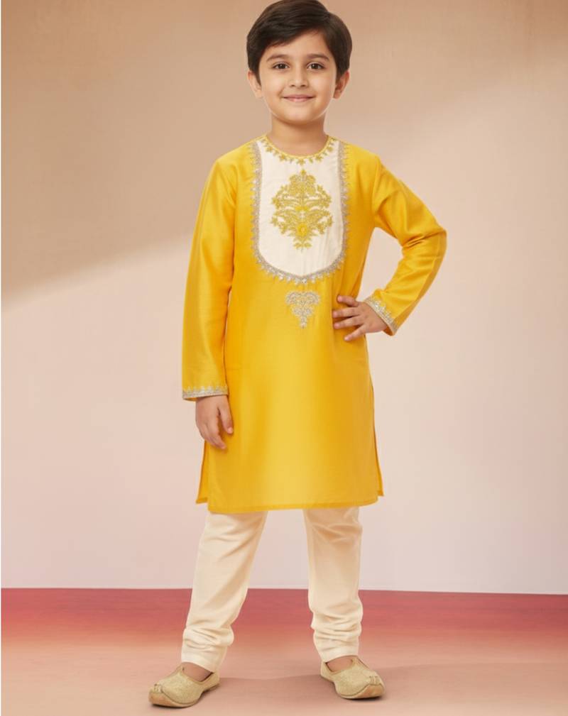 Viscose yellow kurta set with pyjama for boys| navratri | festive
