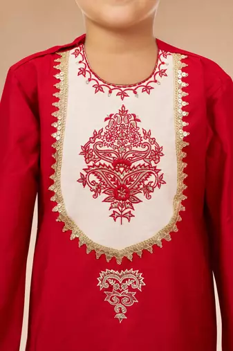 boys red viscose dhoti kurta with zari work