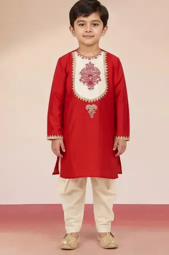 boys red viscose dhoti kurta with zari work