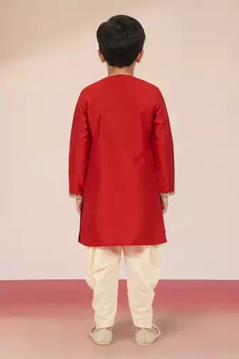 boys red viscose dhoti kurta with zari work