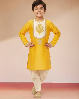 boys yellow viscose dhoti kurta with zari work 1