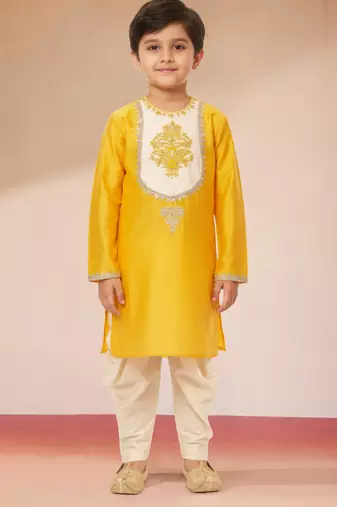 boys yellow viscose dhoti kurta with zari work