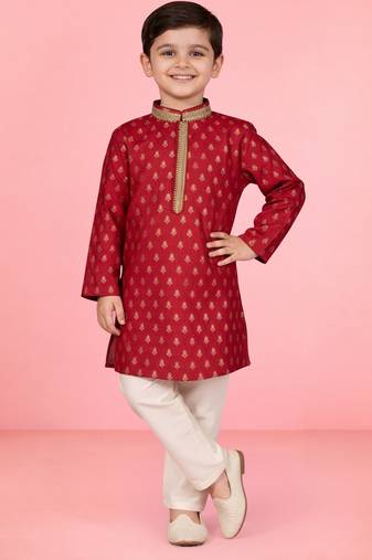boys red jacquard silk kurta pajama with jari butti work
