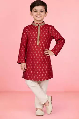 boys red jacquard silk blend kurta with cream pyjama     wedding & festive wear