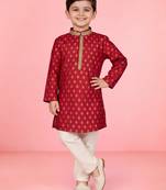 boys red jacquard silk kurta pajama with jari butti work