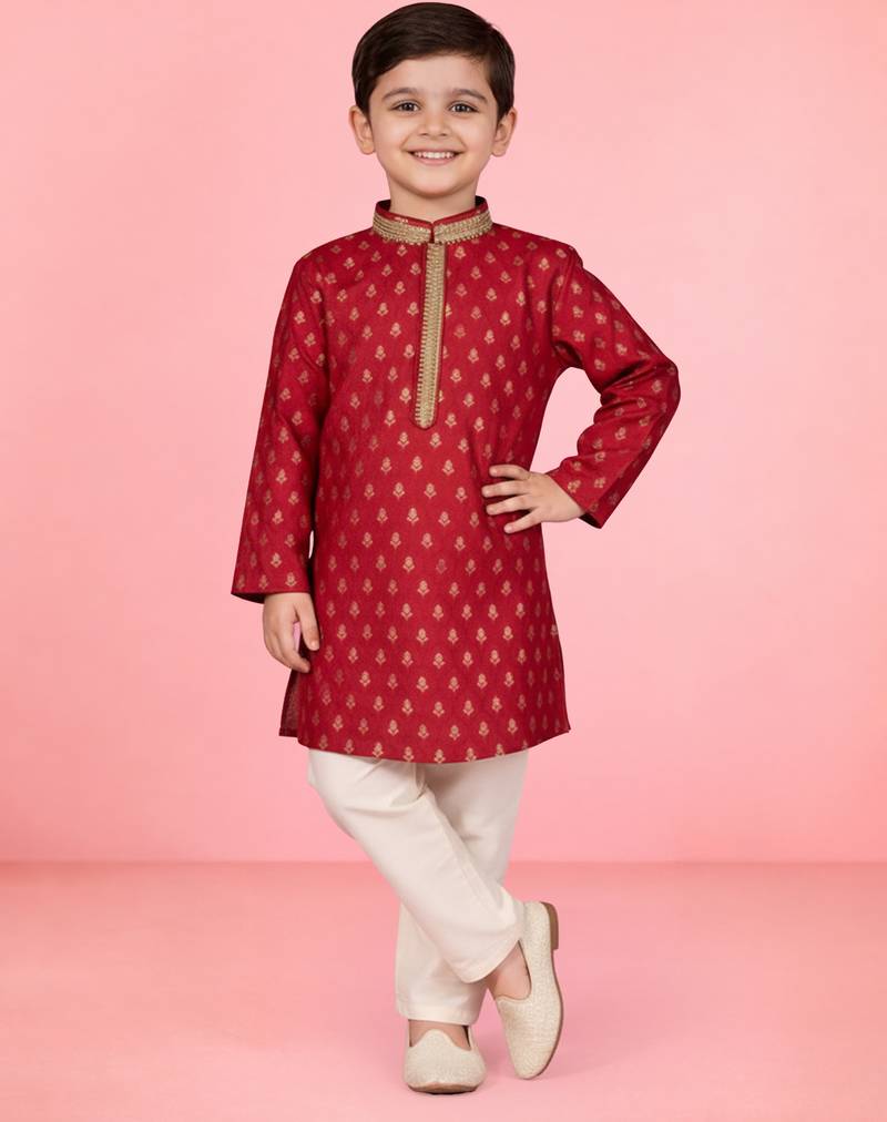 boys red jacquard silk blend kurta with cream pyjama     wedding & festive wear