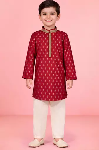 boys red jacquard silk kurta pajama with jari butti work