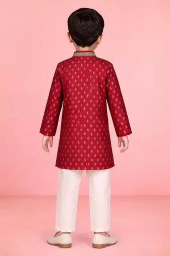 boys red jacquard silk kurta pajama with jari butti work