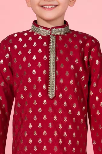 boys red jacquard silk kurta pajama with jari butti work