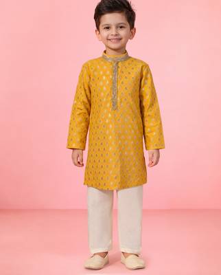 boys yellow jacquard silk blend kurta with cream pyjama     wedding & festive wear 2