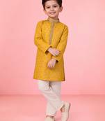boys yellow jacquard silk kurta pajama with jari butti work