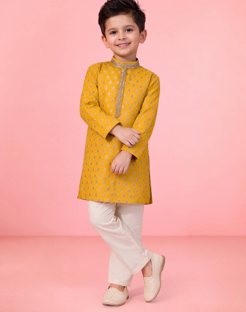 boys yellow jacquard silk blend kurta with cream pyjama     wedding & festive wear